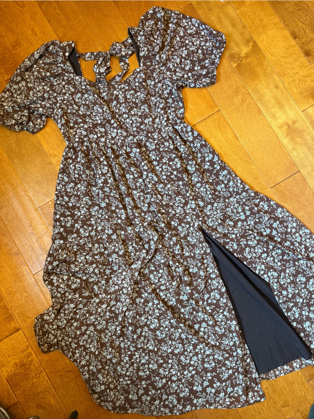 ARULA Brown Maxi Dress with Light Blue Floral Print